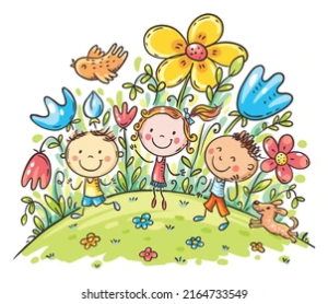 Cartoon Doodle Kids On Flowering Hill_ immagine vettoriale stock (royalty free) 2164733549 _ Shutterstock